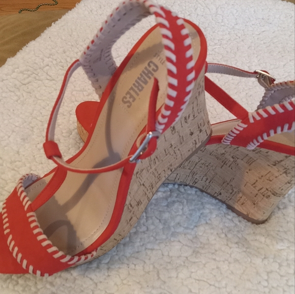 Charles By Charles David Suede Red Faux Cork Wedge T-Strap Sandal | Size: 9.5M - Picture 4 of 14